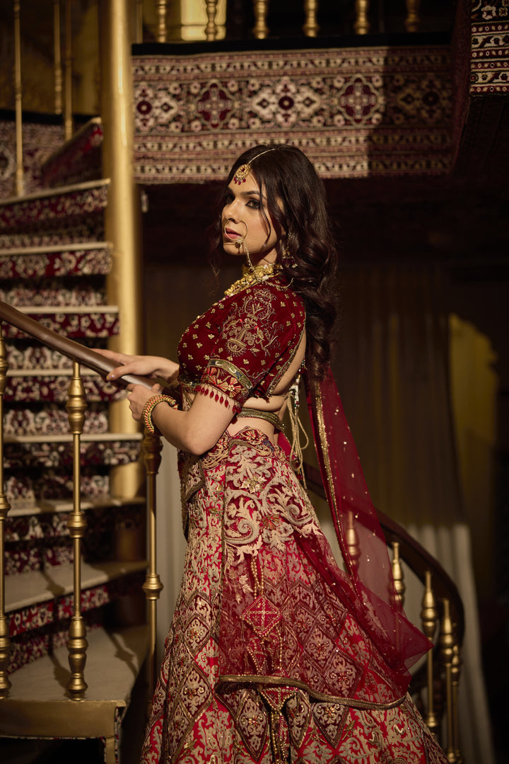 Majestic Maroon Silk Bridal Lehenga with Thread and Zardozi Embroidery