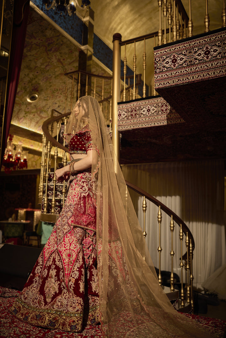 Majestic Maroon Silk Bridal Lehenga with Thread and Zardozi Embroidery