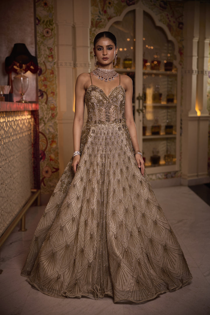 Luxurious Handcrafted Net Gown with Exquisite Cutdana & Sequins Embroidery