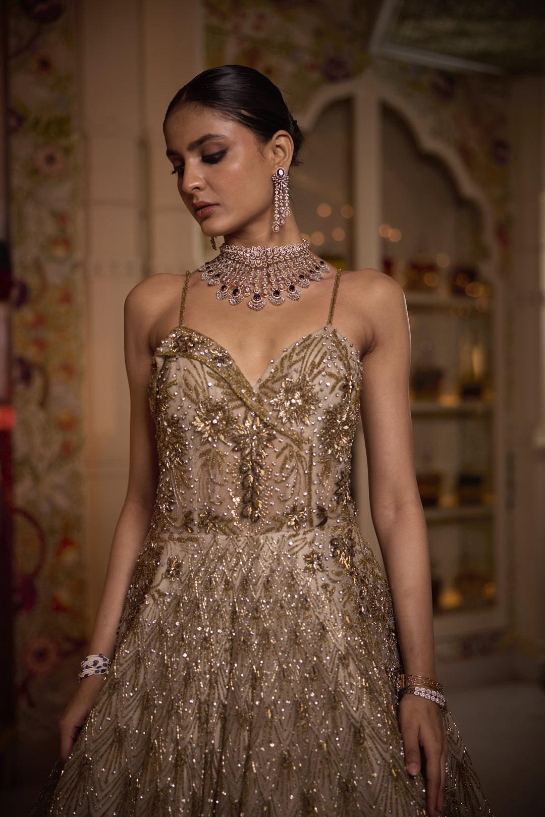 Luxurious Handcrafted Net Gown with Exquisite Cutdana & Sequins Embroidery