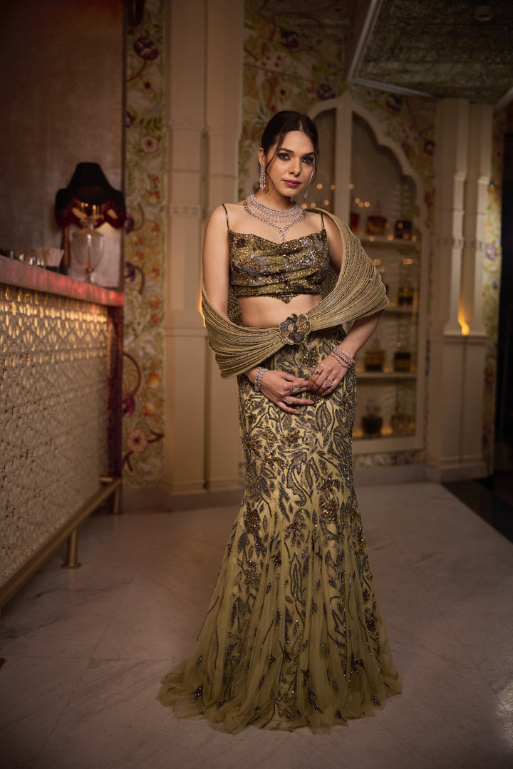 Golden Olive Net Lehenga with Cut Dana & Sequin Embellishments