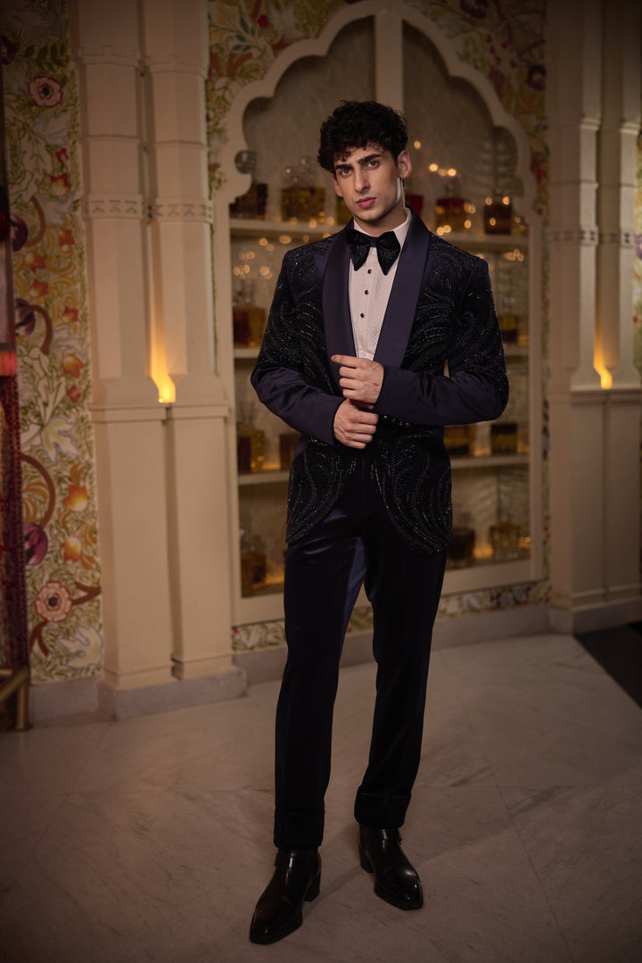 Opulent Midnight Blue Velvet Tuxedo with Hand Embroidered Detailing