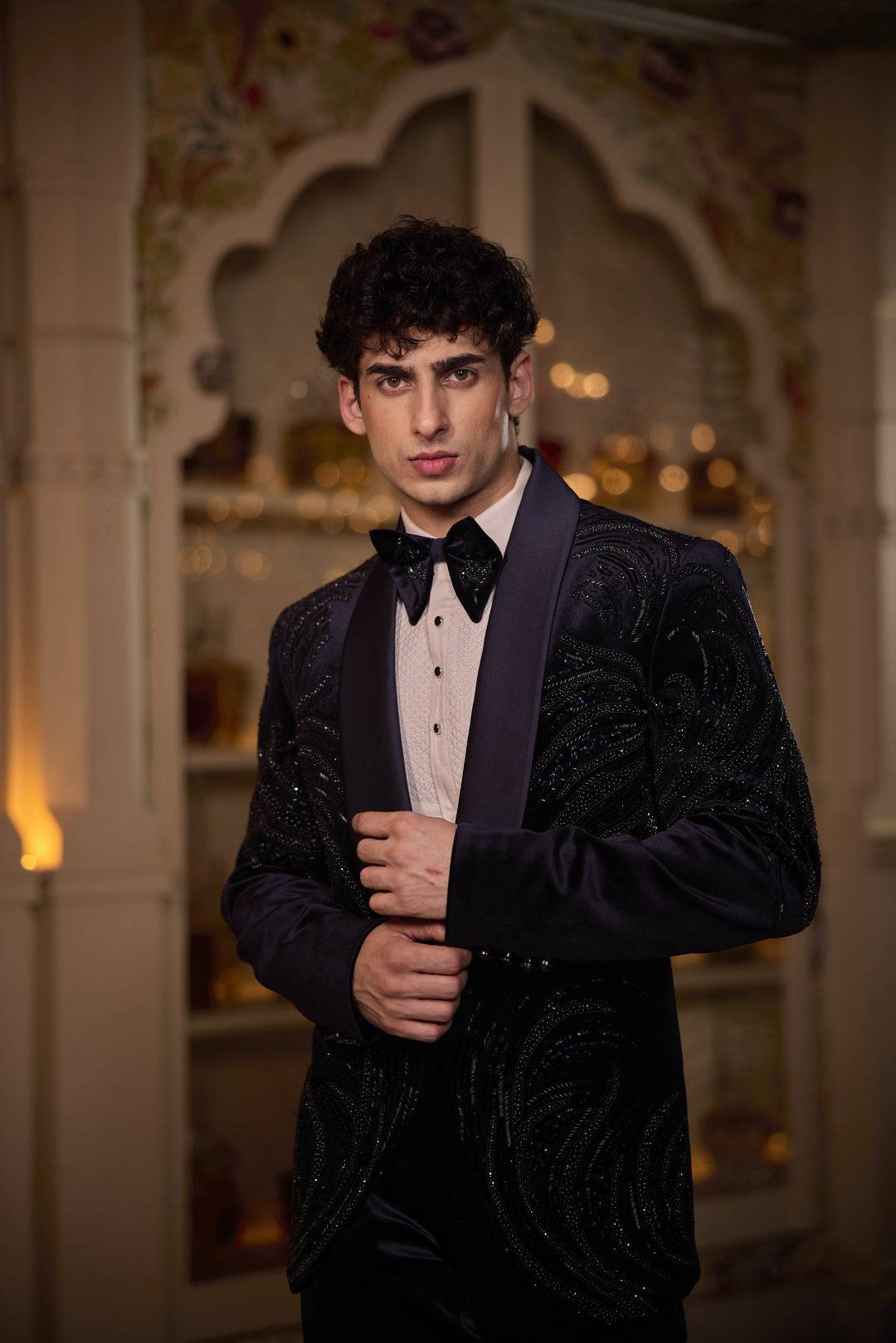 Opulent Midnight Blue Velvet Tuxedo with Hand Embroidered Detailing