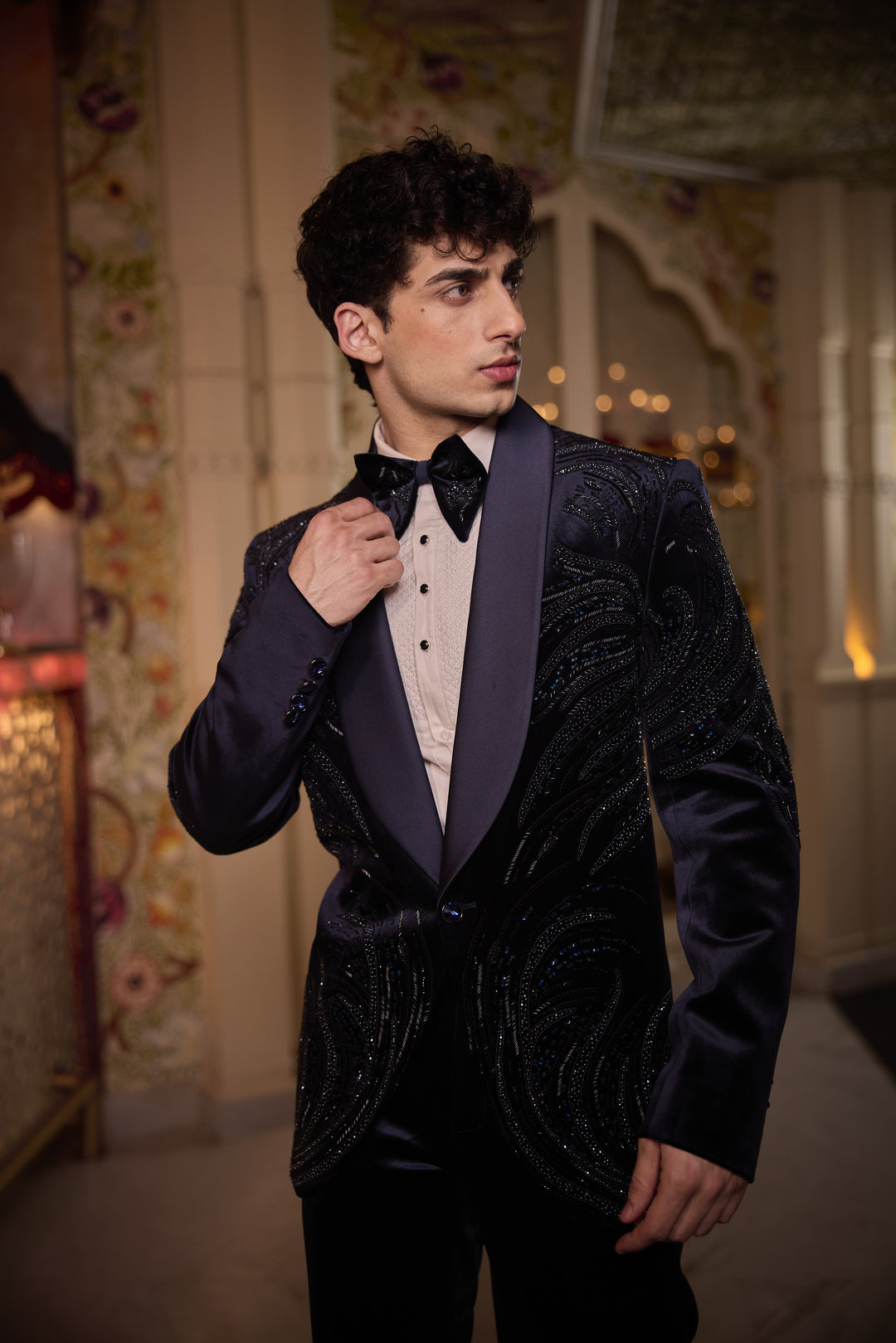 Opulent Midnight Blue Velvet Tuxedo with Hand Embroidered Detailing