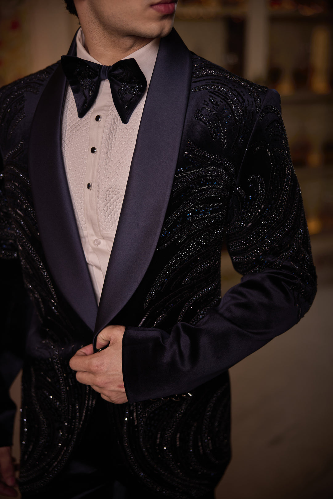 Opulent Midnight Blue Velvet Tuxedo with Hand Embroidered Detailing