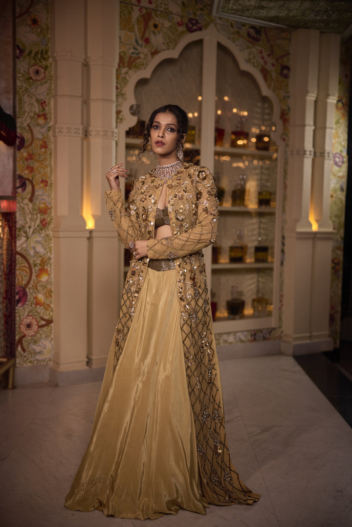 Luxe Gold Net & Crape Jacket Lehenga with Cutdana & Sequins Embroidery