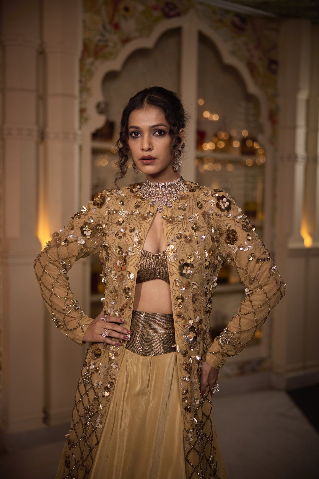 Luxe Gold Net & Crape Jacket Lehenga with Cutdana & Sequins Embroidery