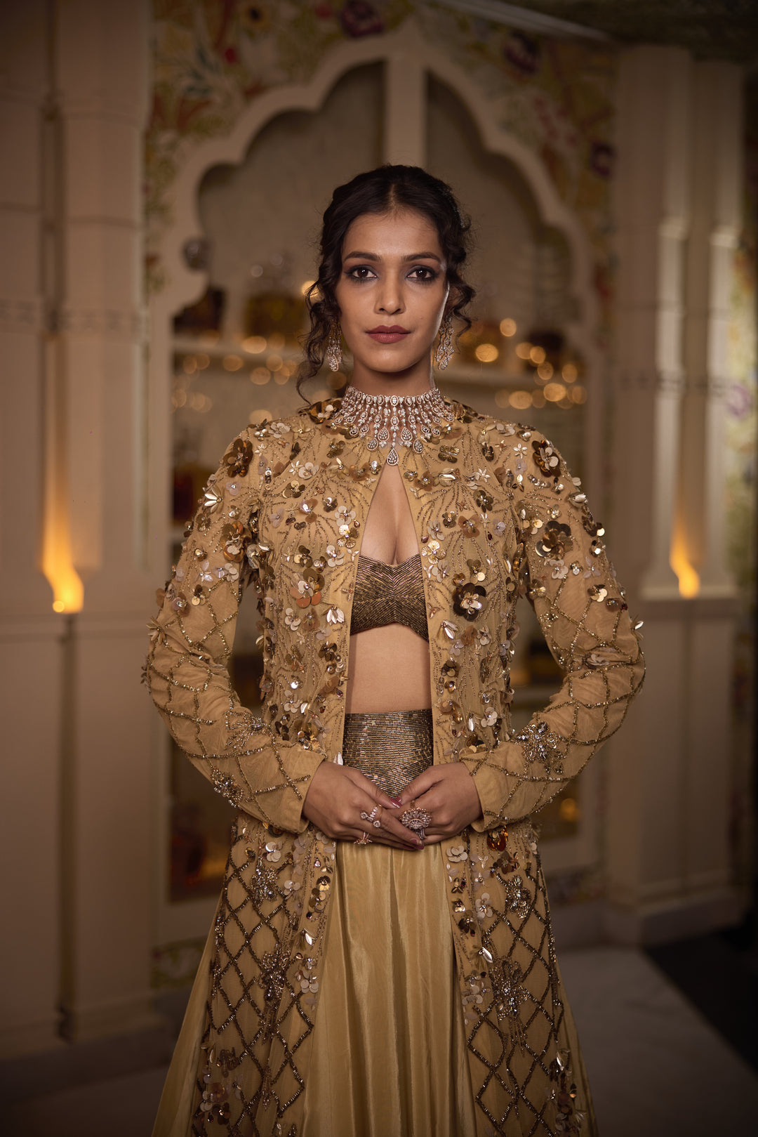 Luxe Gold Net & Crape Jacket Lehenga with Cutdana & Sequins Embroidery