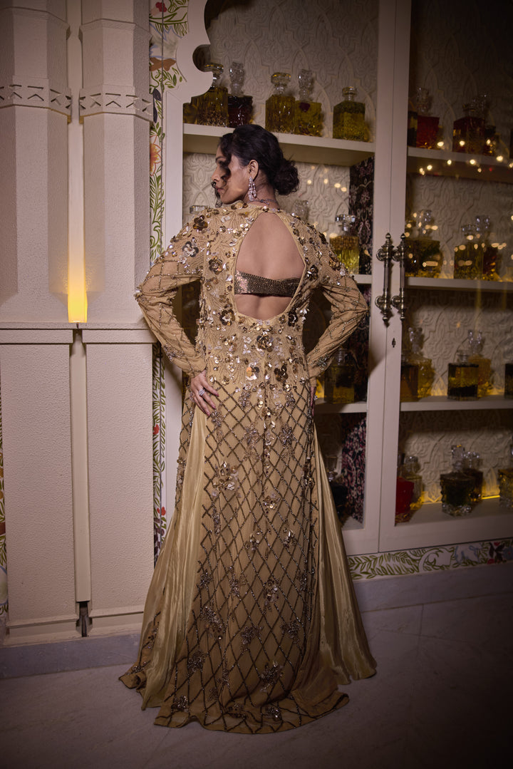 Luxe Gold Net & Crape Jacket Lehenga with Cutdana & Sequins Embroidery