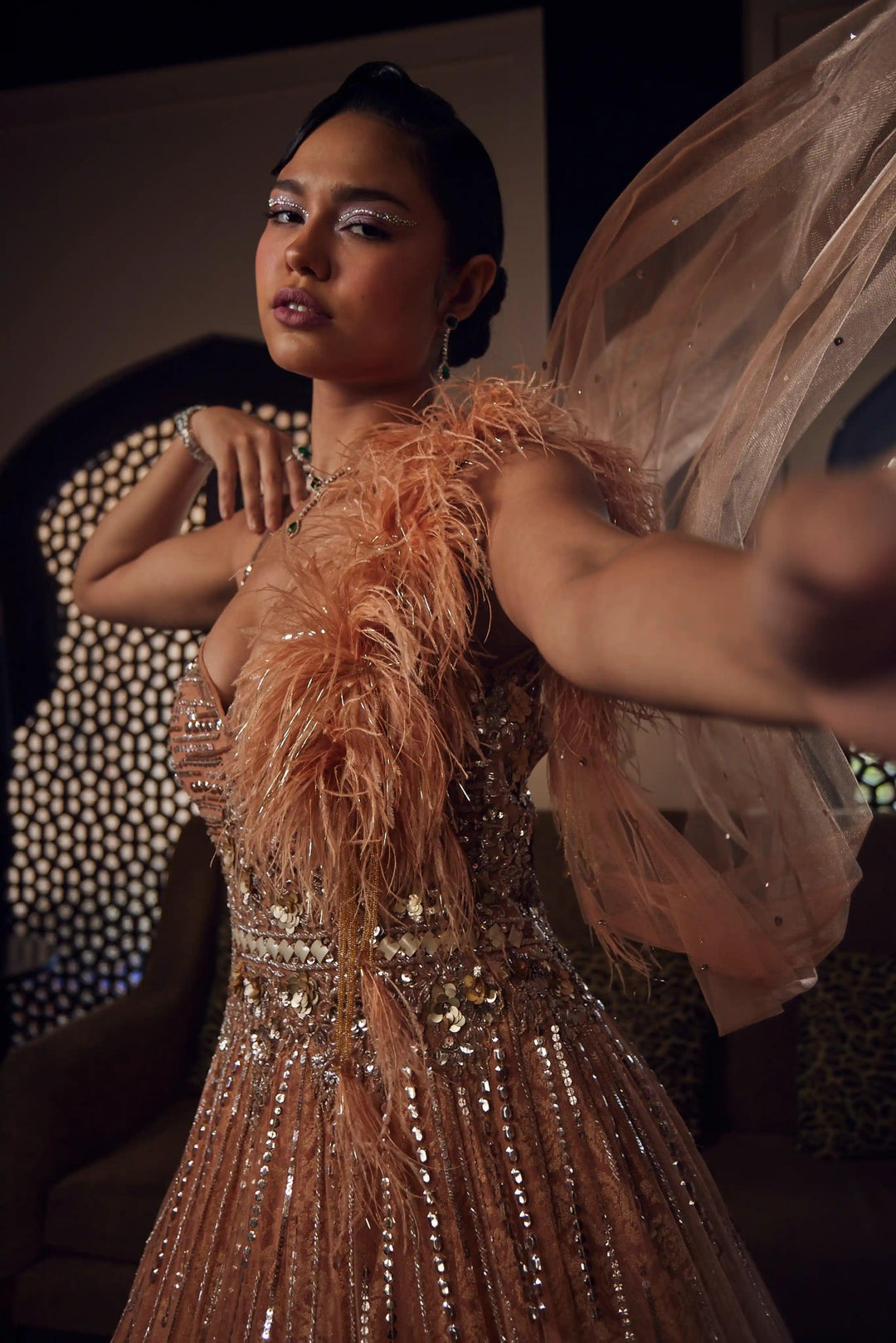 Rose Gold Luxe Feather Gown with Sequin Embellishments & Draped Kadana Trail XXL Rose Gold Luxe Feather Gown with Sequin Embellishments & Draped Kadana Trail XXL
