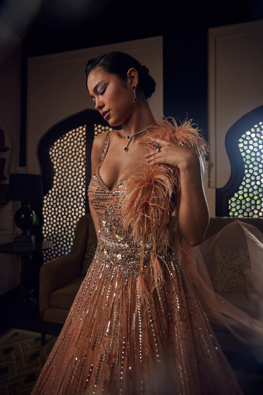 Rose Gold Luxe Feather Gown with Sequin Embellishments & Draped Kadana Trail XXL Rose Gold Luxe Feather Gown with Sequin Embellishments & Draped Kadana Trail XXL