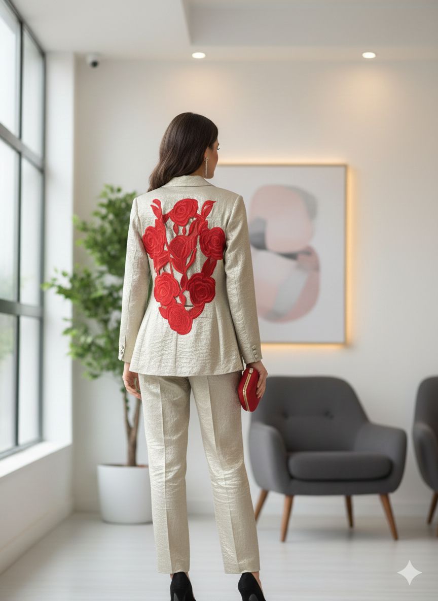 A chic champagne-gold women’s suit co-ord set featuring a sleek blazer, inner top, straight pants, and a striking red rose embroidered back