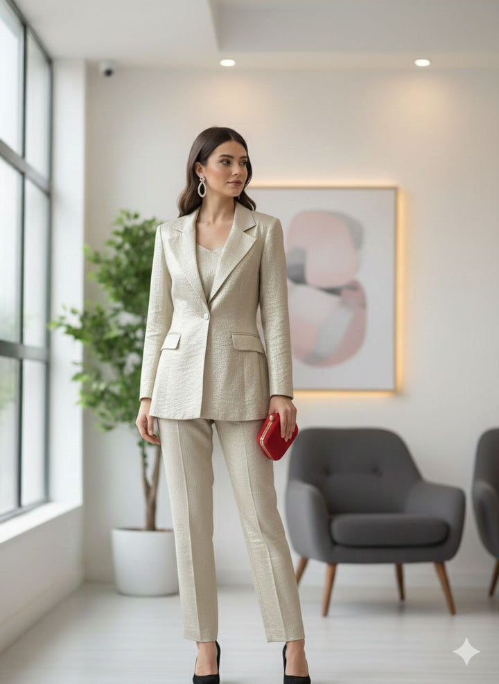 A chic champagne-gold women’s suit co-ord set featuring a sleek blazer, inner top, straight pants, and a striking red rose embroidered back