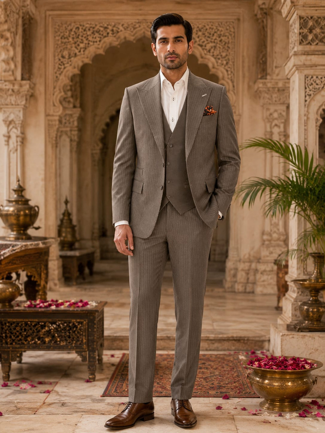 Taupe Textured Three-Piece Suit