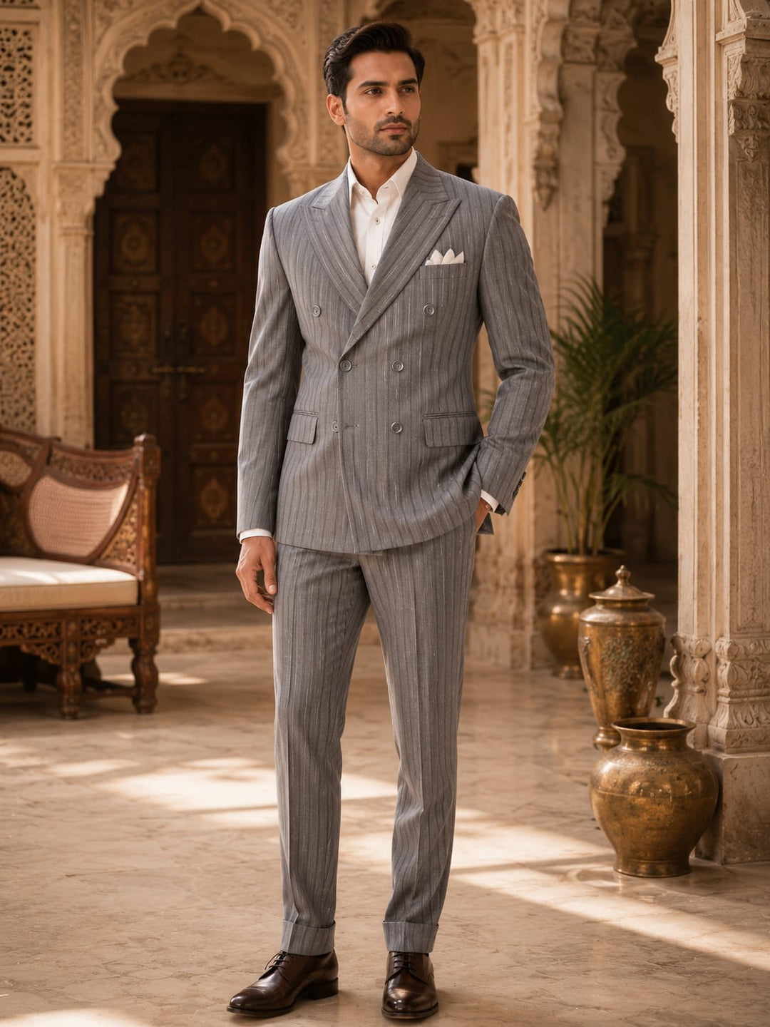 Charcoal Grey Double-Breasted Pinstripe Suit