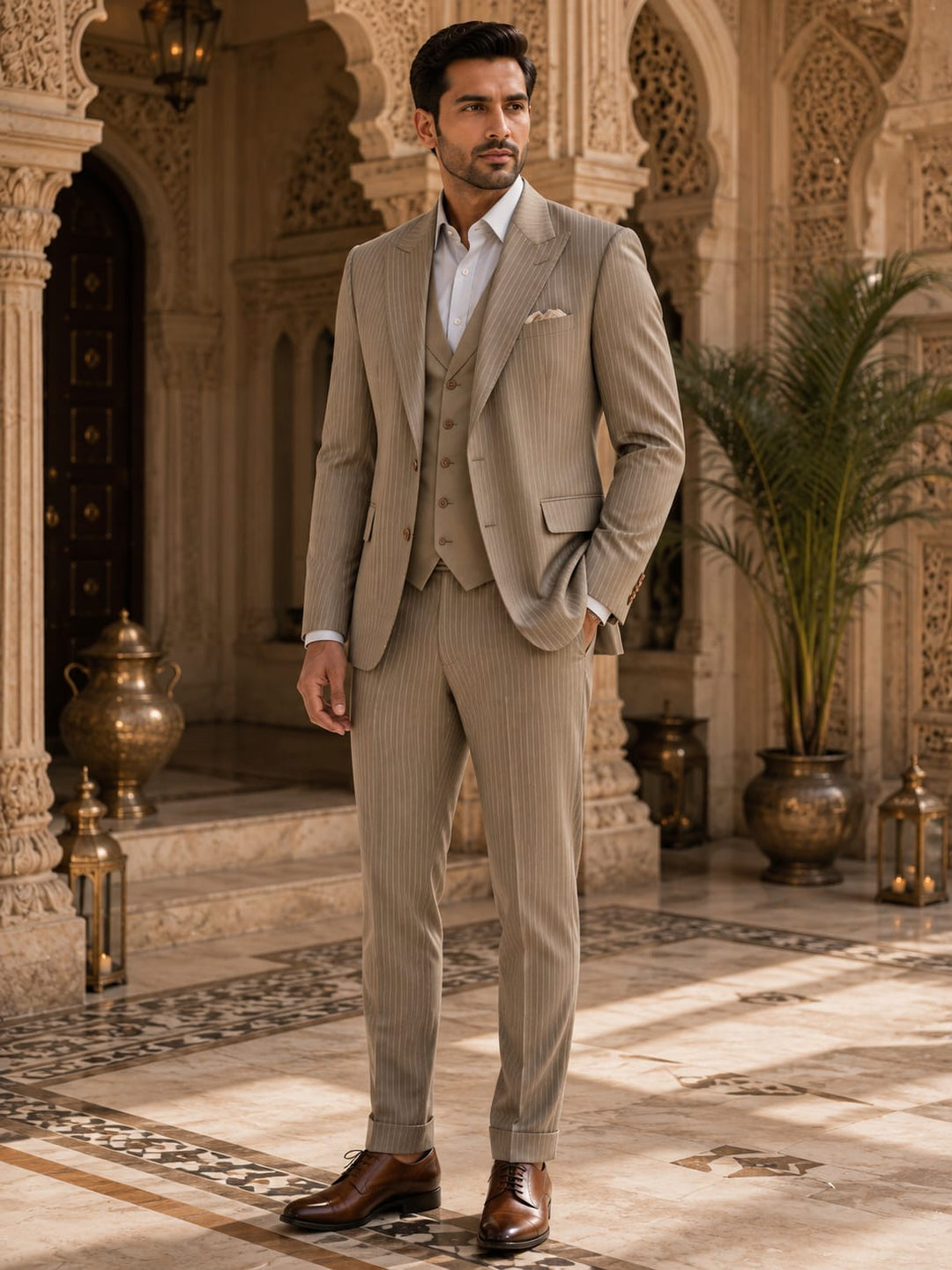 Taupe Pinstripe Three-Piece Classic Suit