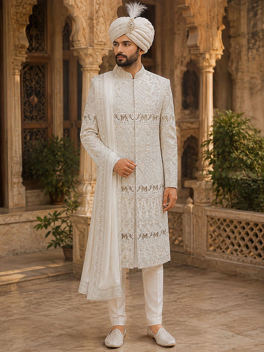 Ivory Heritage Elephant Motif Sherwani