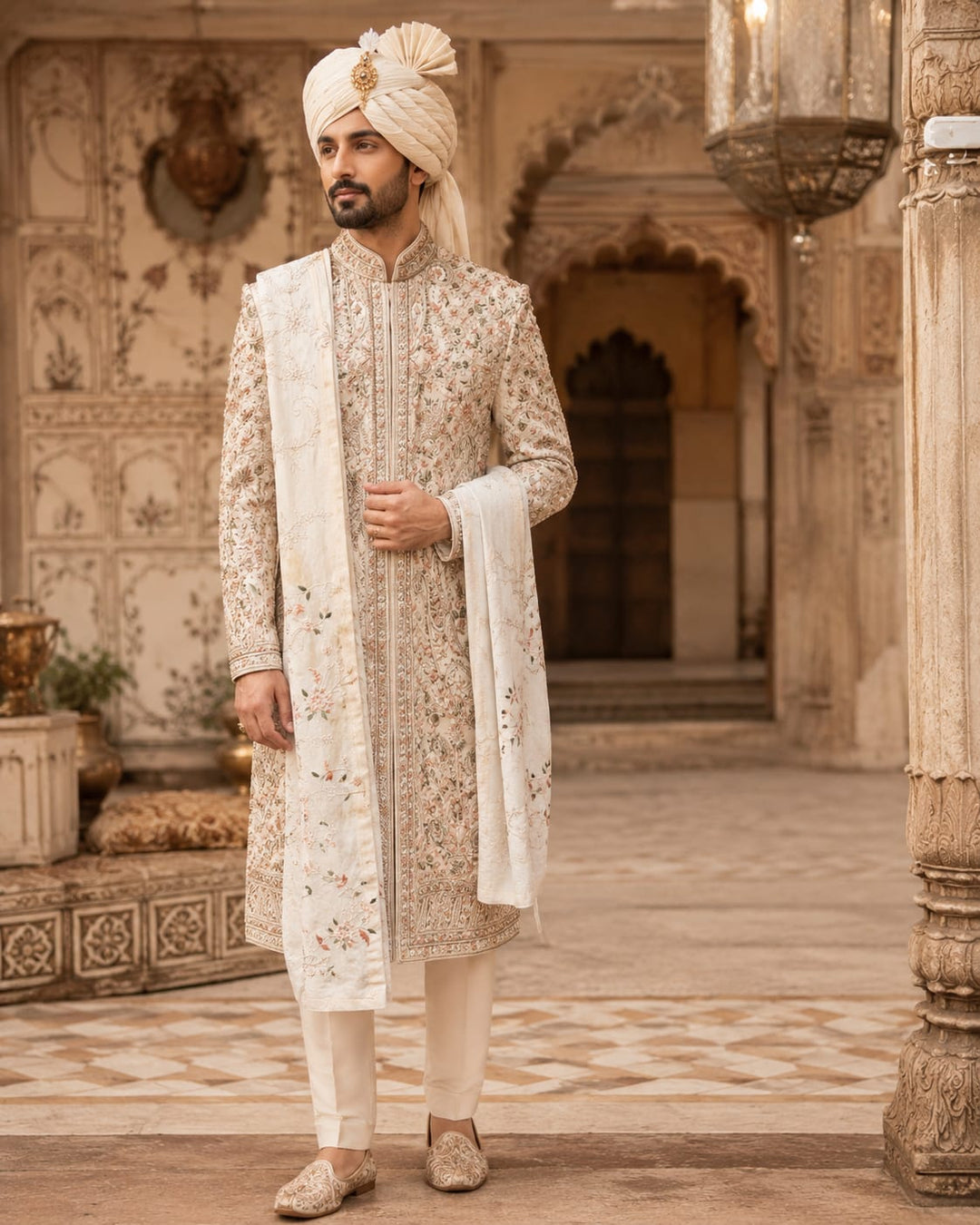 Ivory Floral Jaal Embroidered Sherwani