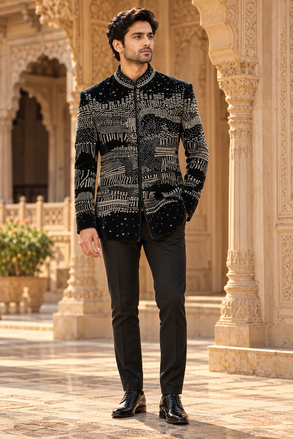 Midnight Royale – Gold Embroidered Velvet Bandhgala
