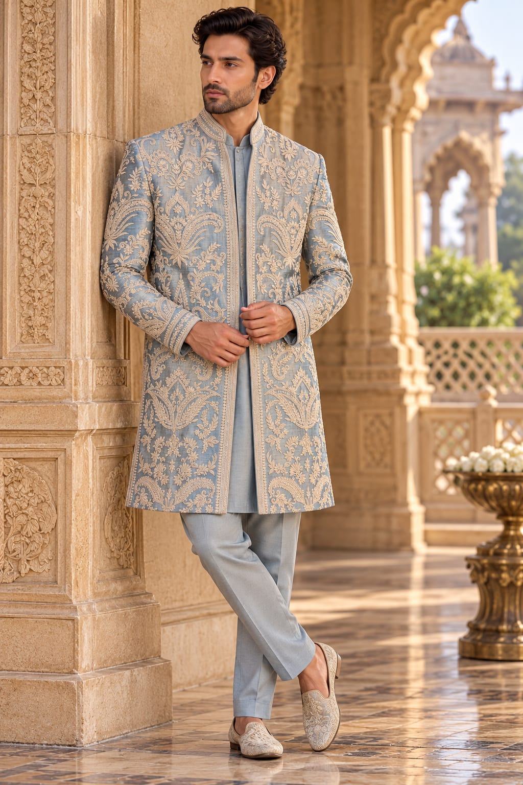 Powder Blue and Champagne Gold Embroidered INDO WESTERN
