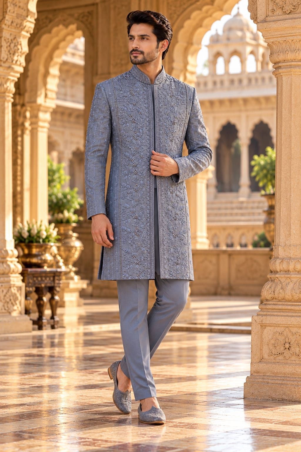 Royal Slate – Tonal Floral Embroidered Indo western