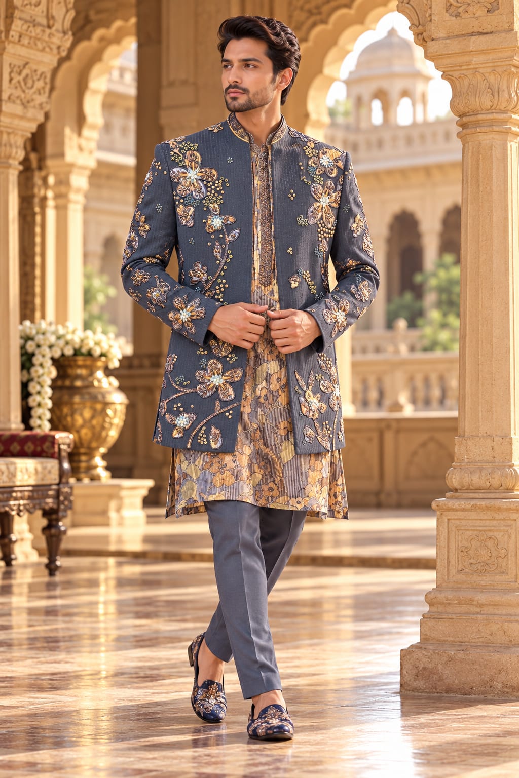 Midnight Bloom – Multicolour Floral Embroidered Indo-Western Set