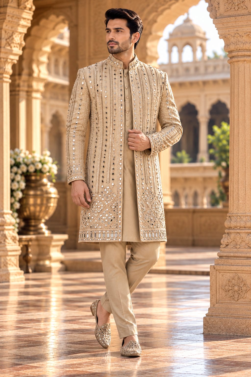 Champagne Maharaja – Mirror-Work Embroidered Indo western