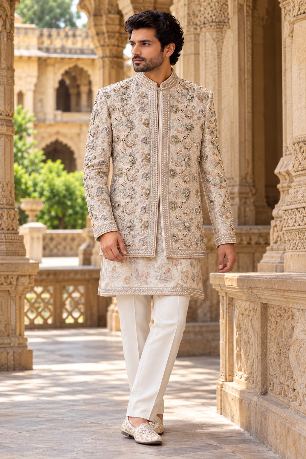 Ivory Elegance – Champagne Gold Floral Embroidered Indo-Western Ensemble