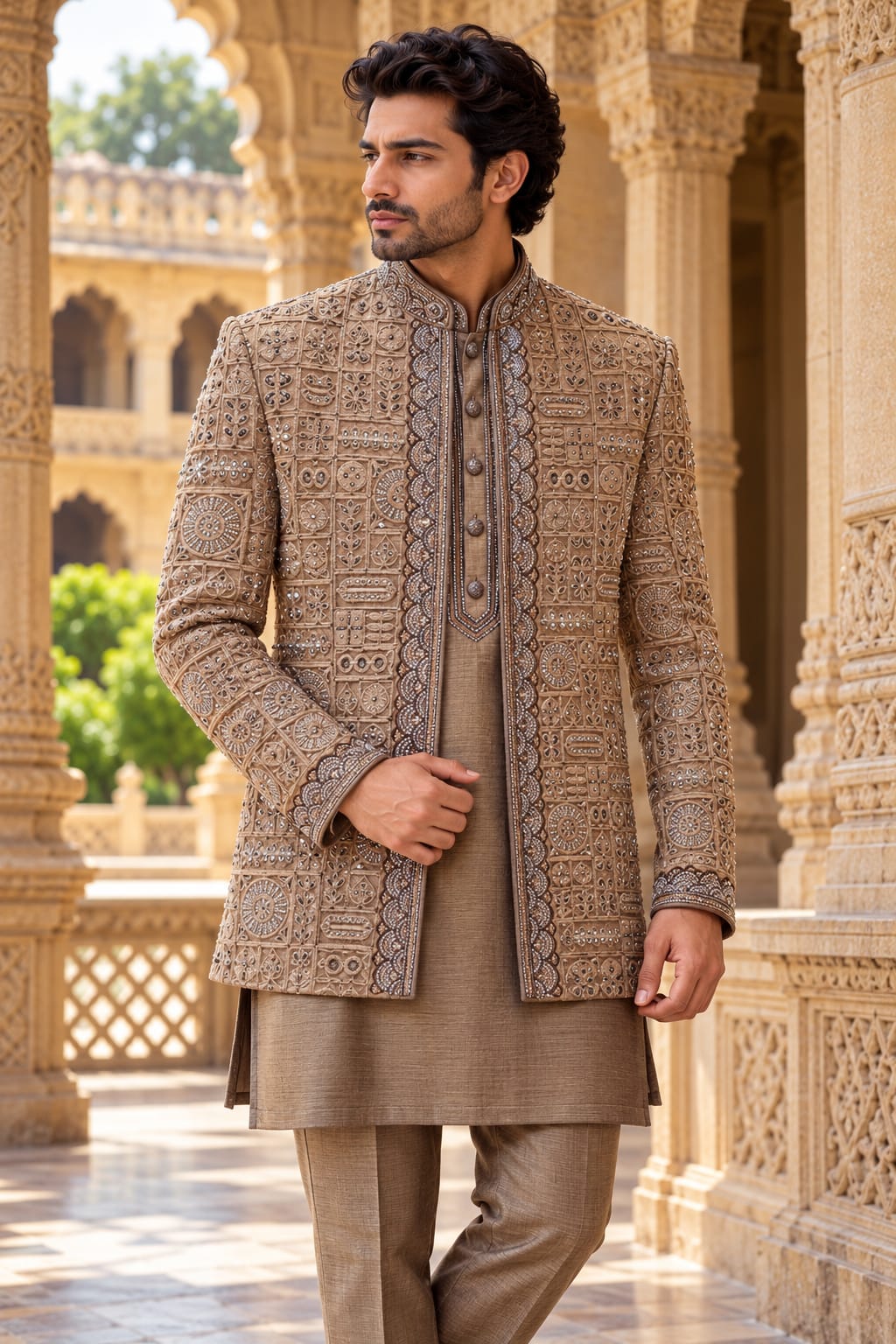 Antique Royale – Taupe Geometric Embroidered Indo-Western Ensemble