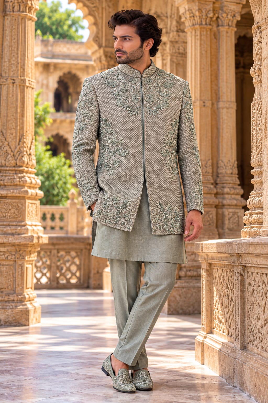 Sage Royale – Tonal Floral Embroidered Indo-Western Ensemble