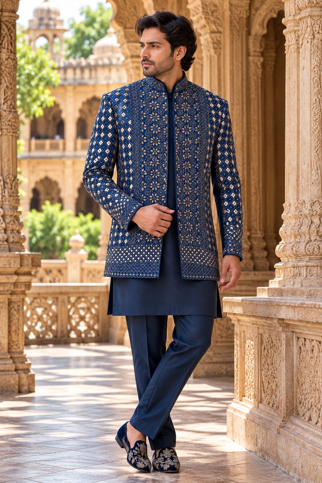 Navy Royale – Champagne Gold Geometric Embroidered Indo-Western Ensemble