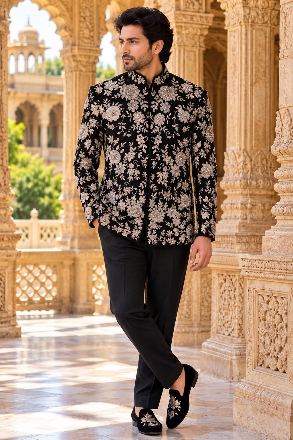 Noir Blossom – Champagne-Silver Floral Embroidered Bandhgala