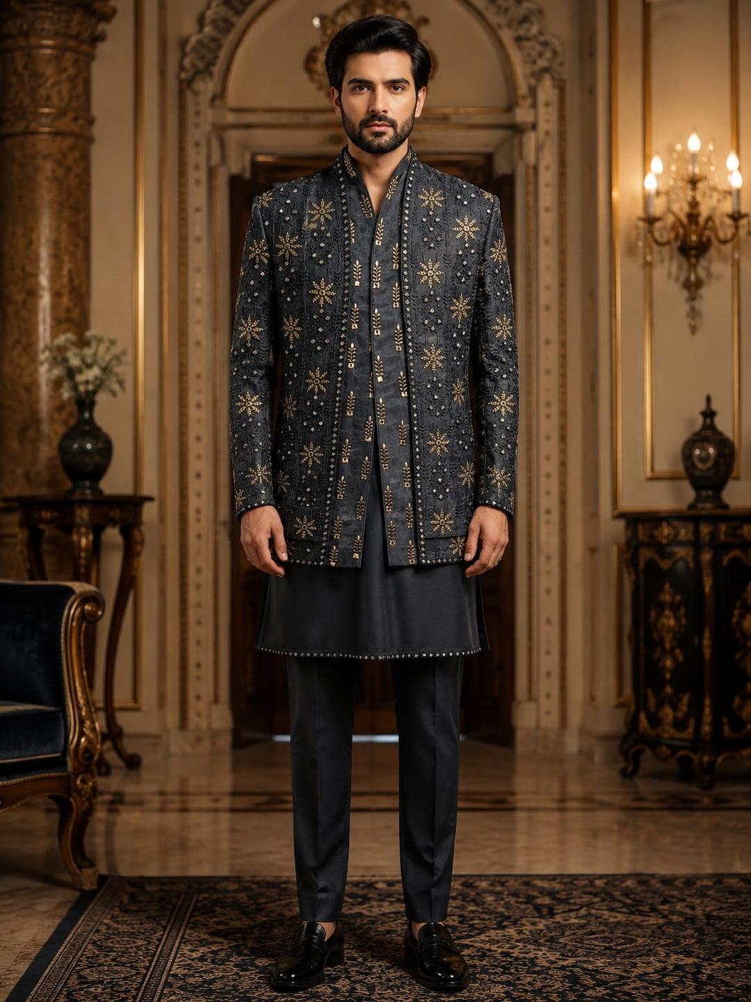Midnight Floral Embroidered Indo-Western