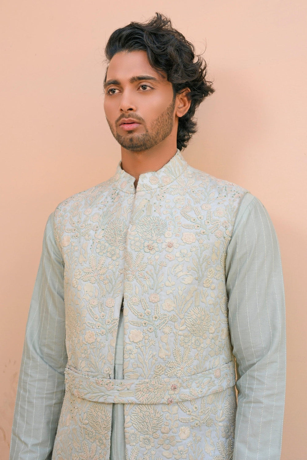 Aqua blue kurta pajama with jacket - Study by Janak