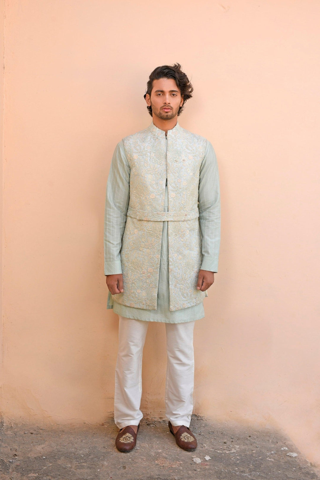 Aqua blue kurta pajama with jacket - Study by Janak