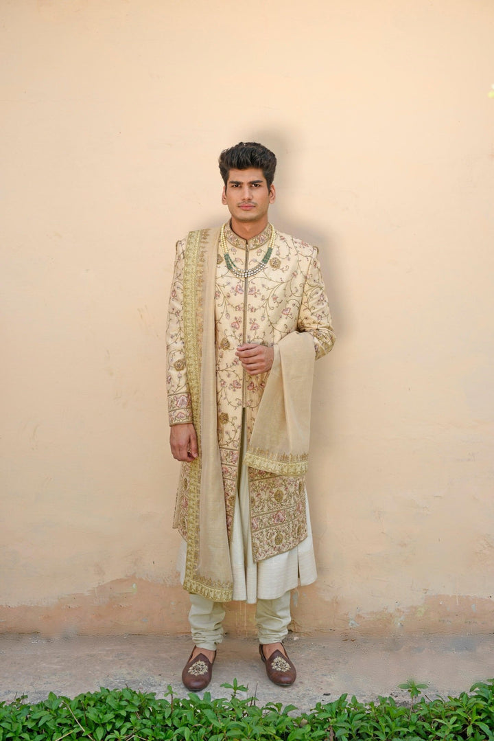 Beige embroidered dupion silk sherwani set - Study by Janak