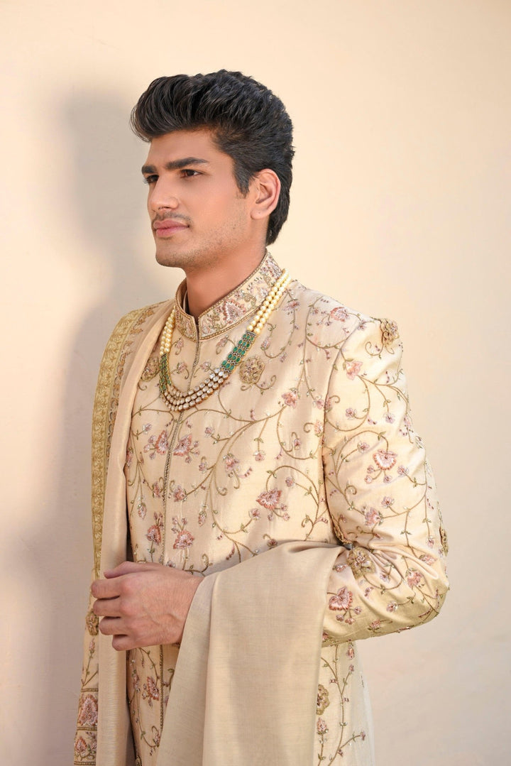 Beige embroidered dupion silk sherwani set - Study by Janak