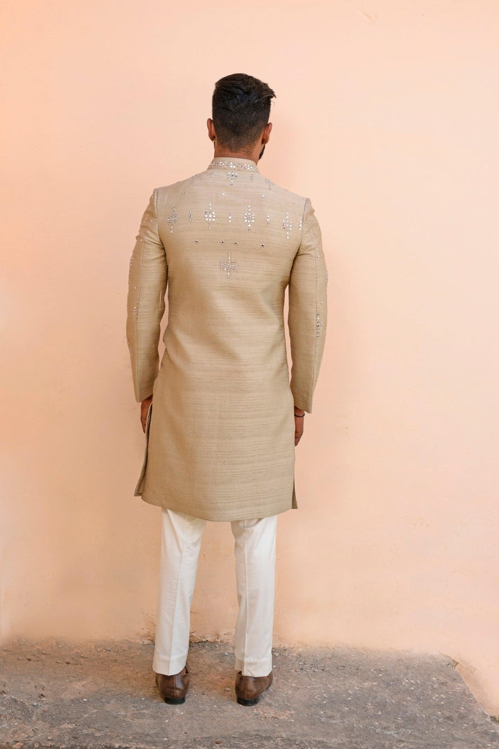 Beige silk embroidered indo - western set - Study by Janak