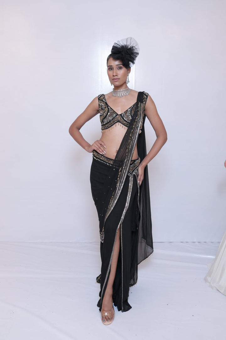 Black Georgette Embroidered Drape Saree - Study by Janak