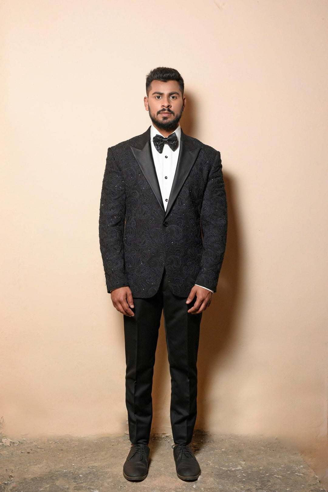 Black Italian embroidered tuxedo set - Study by Janak