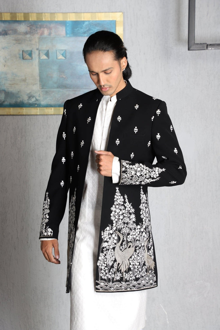 Black Japanese Fabric Embroidered Indo - western Set - Study by Janak